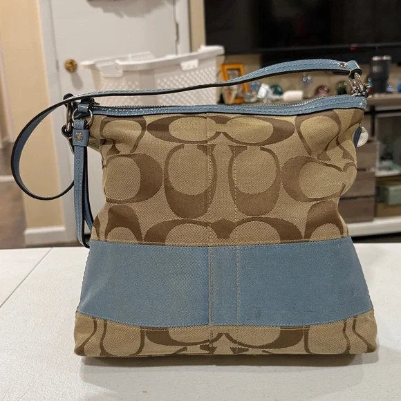 Coach Signature C Tan & Blue Striped Canvas and Leather Shoulder Bag and Wallet - Picture 6 of 17